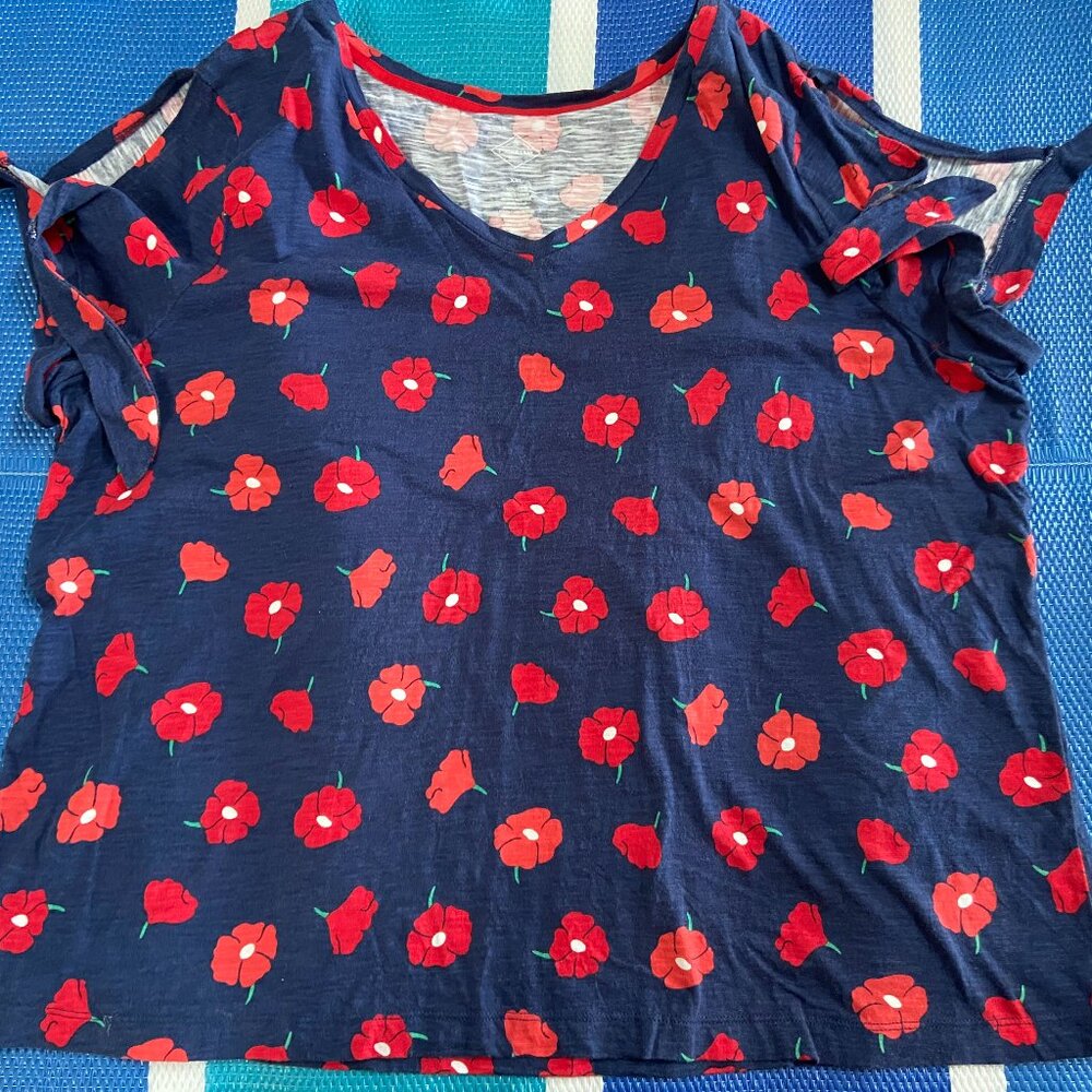 St John’s Bay XX-Large Navy Poppy Blouse Cold Shoulder, Shoulder Ties
